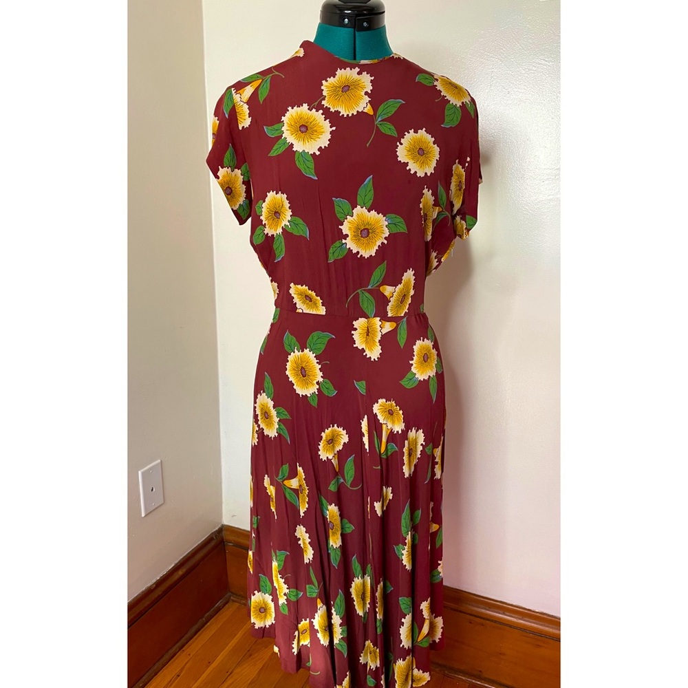 Vintage 1940s rayon crepe floral midi dress small brown yellow green